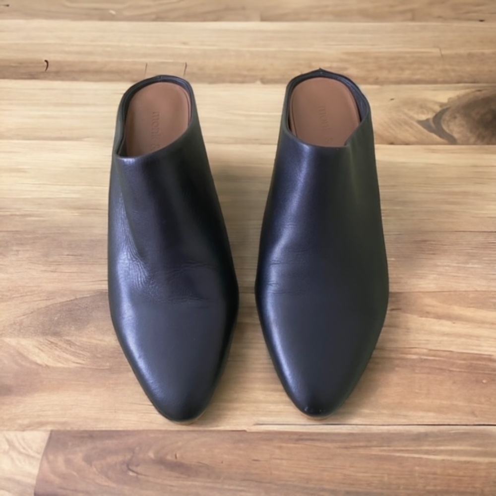 Monk & Lou Summer Genuine Leather Pointed Toe Black Shoes Heel Size 37